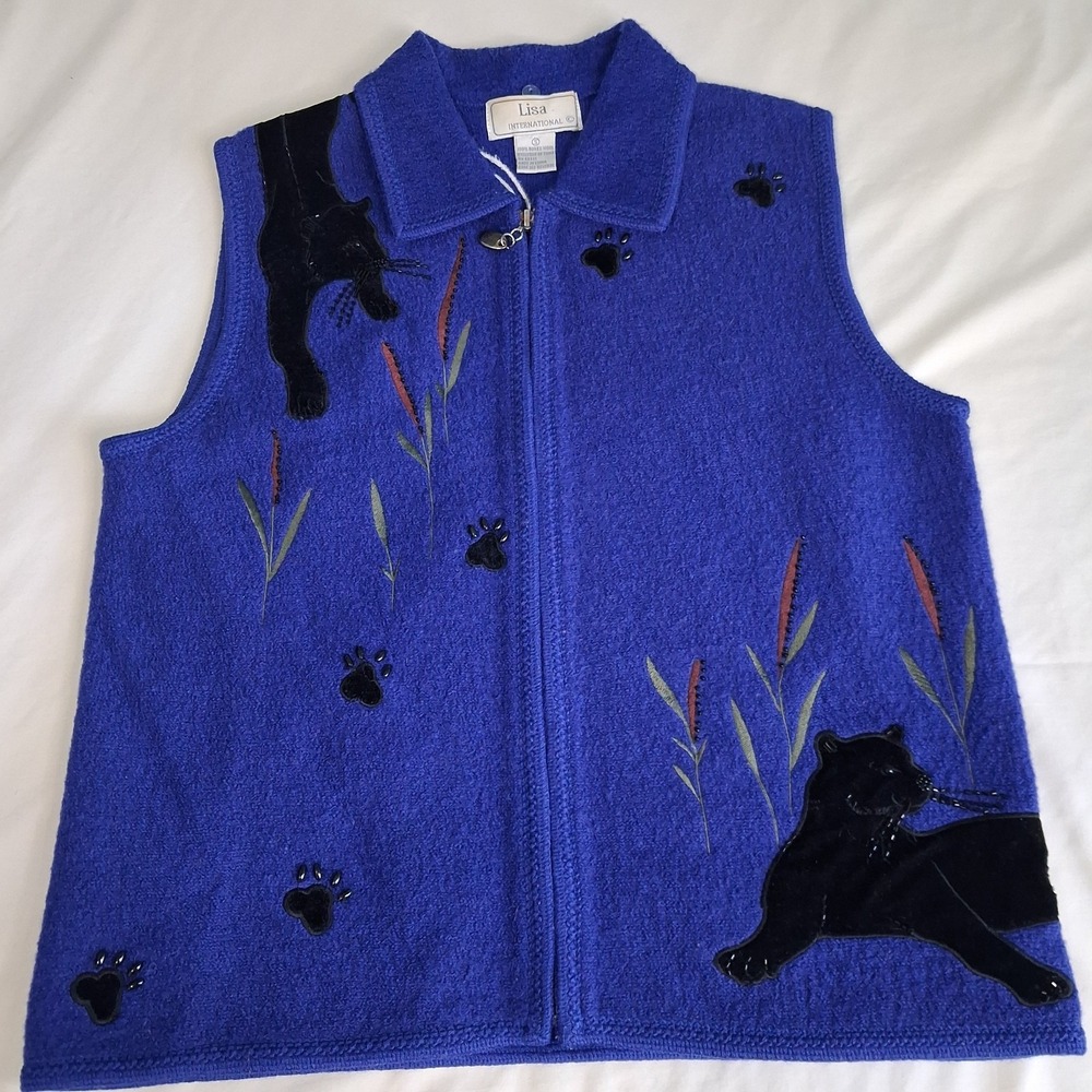 Lisa International 100% Boiled Wool Vest Black Panther Blue Beaded Embroidered S